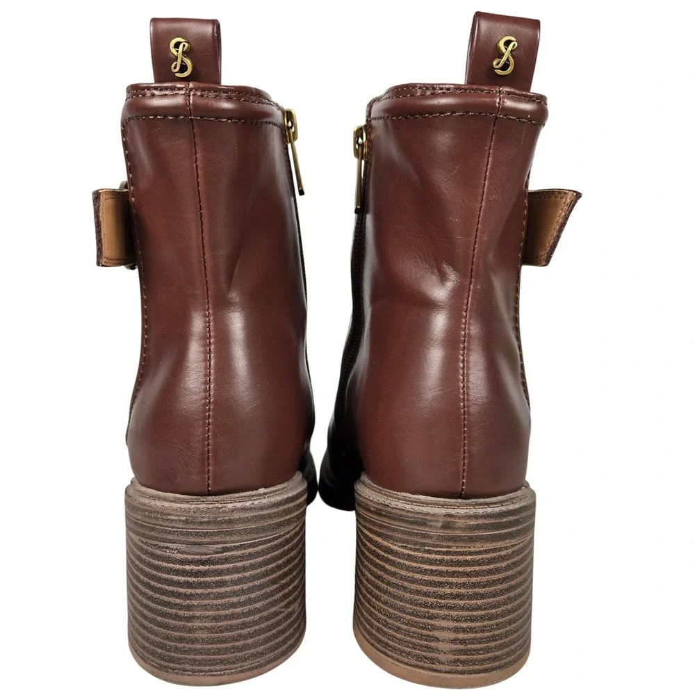 Sam & Libby Natalia Brown Faux Leather Buckle Stacked Heel Ankle Boots 9.5M